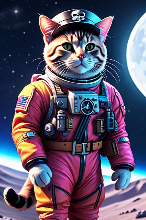  Pirate cat in space suits on the Moon , Pink Dalmatian dog in space suits on the Moon , high detailed , 8K hyperrealistic, full body, detailed clothing, highly detailed, cinematic lighting, stunningly beautiful, intricate, sharp focus, f/1. 8, 85mm, (centered image composition), (professionally color graded), ((bright soft diffused light)), volumetric fog, trending on instagram, trending on tumblr, HDR 4K, 8K