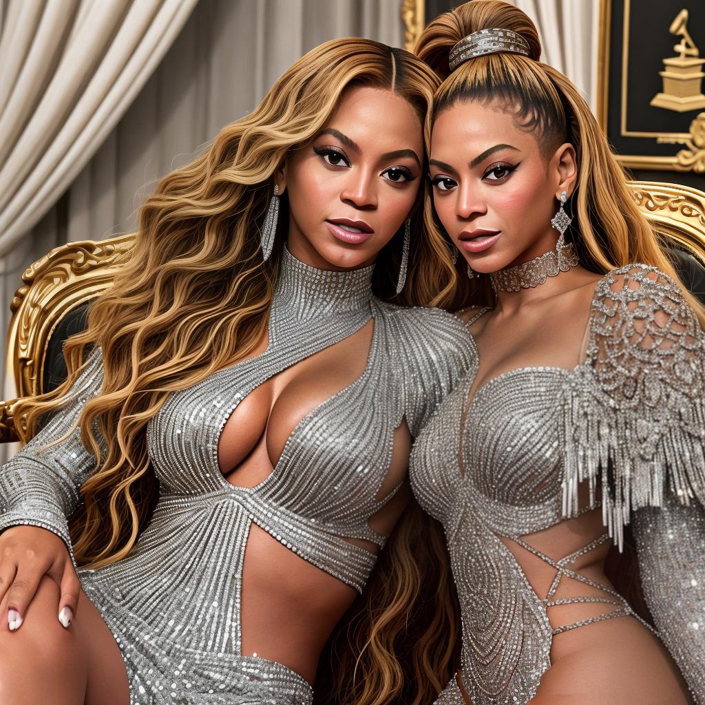  Foto extremamente Realista Beyoncé sentada em cima do piano cravejado em diamante ela está usando um vestido até os pés cravejado em missangas brancas