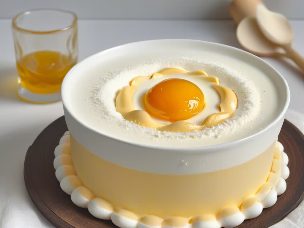  An ultradetailed image of a pristine white bowl filled with a goldenhued mixture of beaten eggs, sugar, and vanilla extract. The light catches the glossy peaks of the mixture, emphasizing the creamy texture. A vintage whisk rests delicately on the edge of the bowl, with tiny droplets of the mixture clinging to its loops. The background is softly blurred, highlighting the elegance and simplicity of the scene. hyperrealistic, full body, detailed clothing, highly detailed, cinematic lighting, stunningly beautiful, intricate, sharp focus, f/1. 8, 85mm, (centered image composition), (professionally color graded), ((bright soft diffused light)), volumetric fog, trending on instagram, trending on tumblr, HDR 4K, 8K