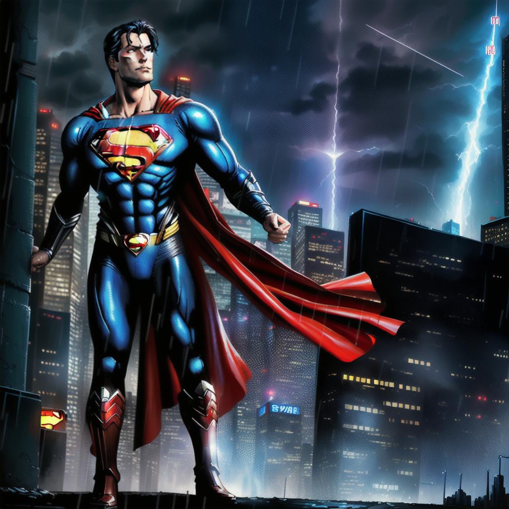  full body superman in a city background. Comic book style, highly detailed, sharp details, award winning, raining, oil painting, cyberpunk