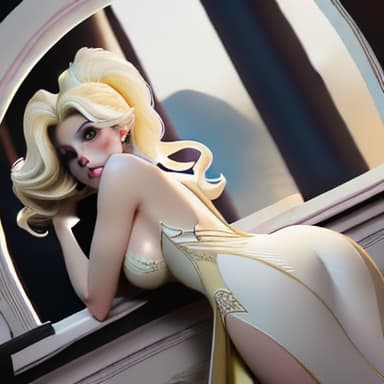  Scarlett Johansson as a Fantasy-Disney-like in bodytight royaly opulent white creamy and yellowed short dress showing in full view from behind her perfect curved while over window leaning on elbows while watching from over her shoulder