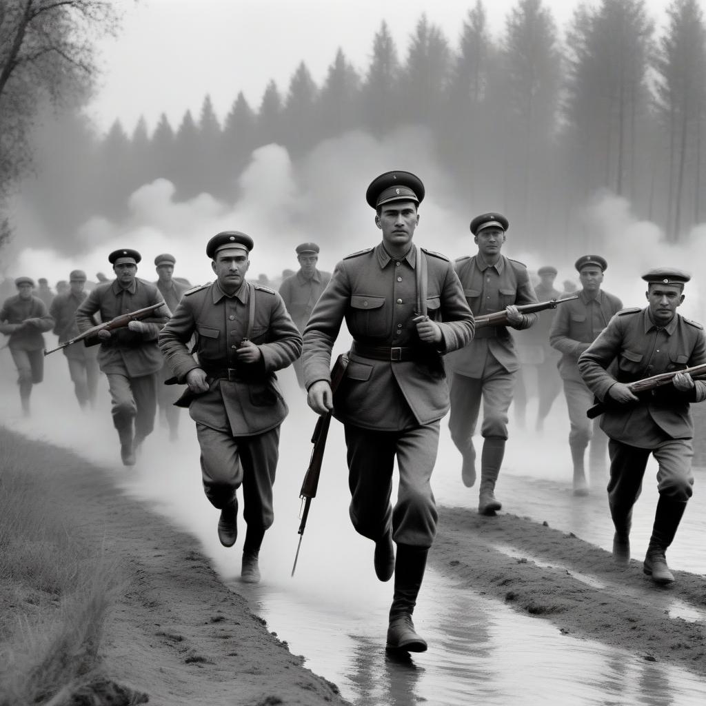  The Soviet infantry running into the attack during the Great Patriotic War Black and White