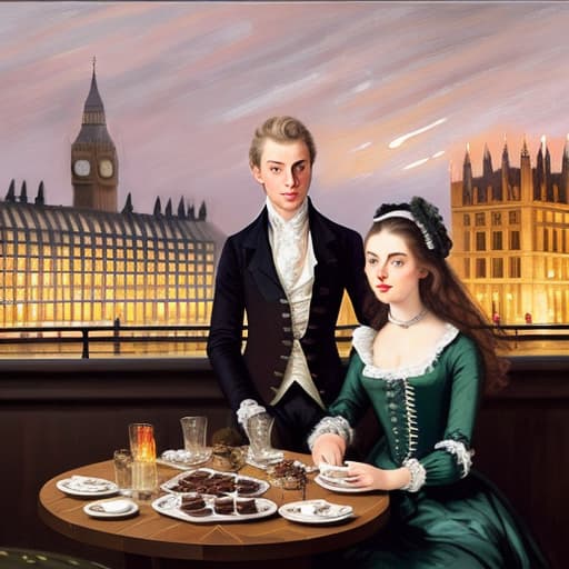  attractive young English couple dressed in modern designer outfits who are romantically together in London . Foreground a small plate of fine dark chocolates on a small wooden table. Background dusk lighting at London landmarks. Painting style of Thomas Gainsborough