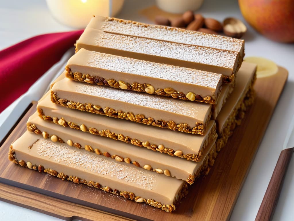  A closeup, ultradetailed image of a freshly baked batch of granola bars, sprinkled with a warm blend of autumn spices like cinnamon, nutmeg, and cloves. The bars are neatly arranged on a sleek, modern wooden cutting board, with subtle hints of steam rising from their perfectly golden surfaces. Each bar is garnished with a delicate dusting of powdered sugar, adding a touch of elegance to the rustic, wholesome snack. The lighting is soft, casting gentle shadows that highlight the texture of the oats and nuts in the bars, creating a visually striking and inviting minimalistic composition. hyperrealistic, full body, detailed clothing, highly detailed, cinematic lighting, stunningly beautiful, intricate, sharp focus, f/1. 8, 85mm, (centered image composition), (professionally color graded), ((bright soft diffused light)), volumetric fog, trending on instagram, trending on tumblr, HDR 4K, 8K