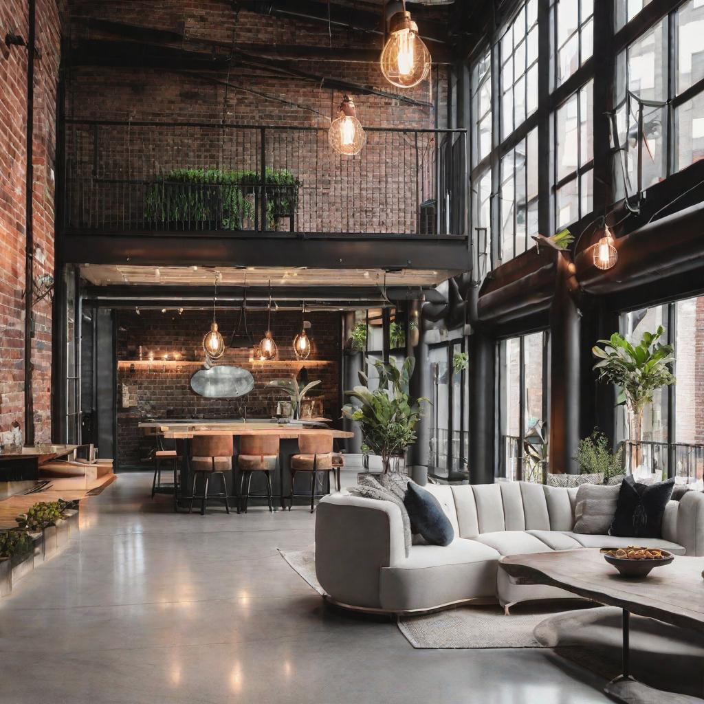   Picture a loft space featuring exposed brick walls, polished concrete floors, and metal framed furniture for an urban vibe. 8k, cinematic lighting, HDR