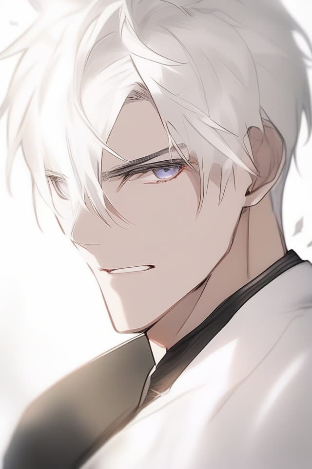  (Men with white hair) (Close UP UPPER BODY) (Black and White) (Handsome) (White Hair Color) Masterpiece S, Handsome, in White Cutter Shirt, High Quality, 8k