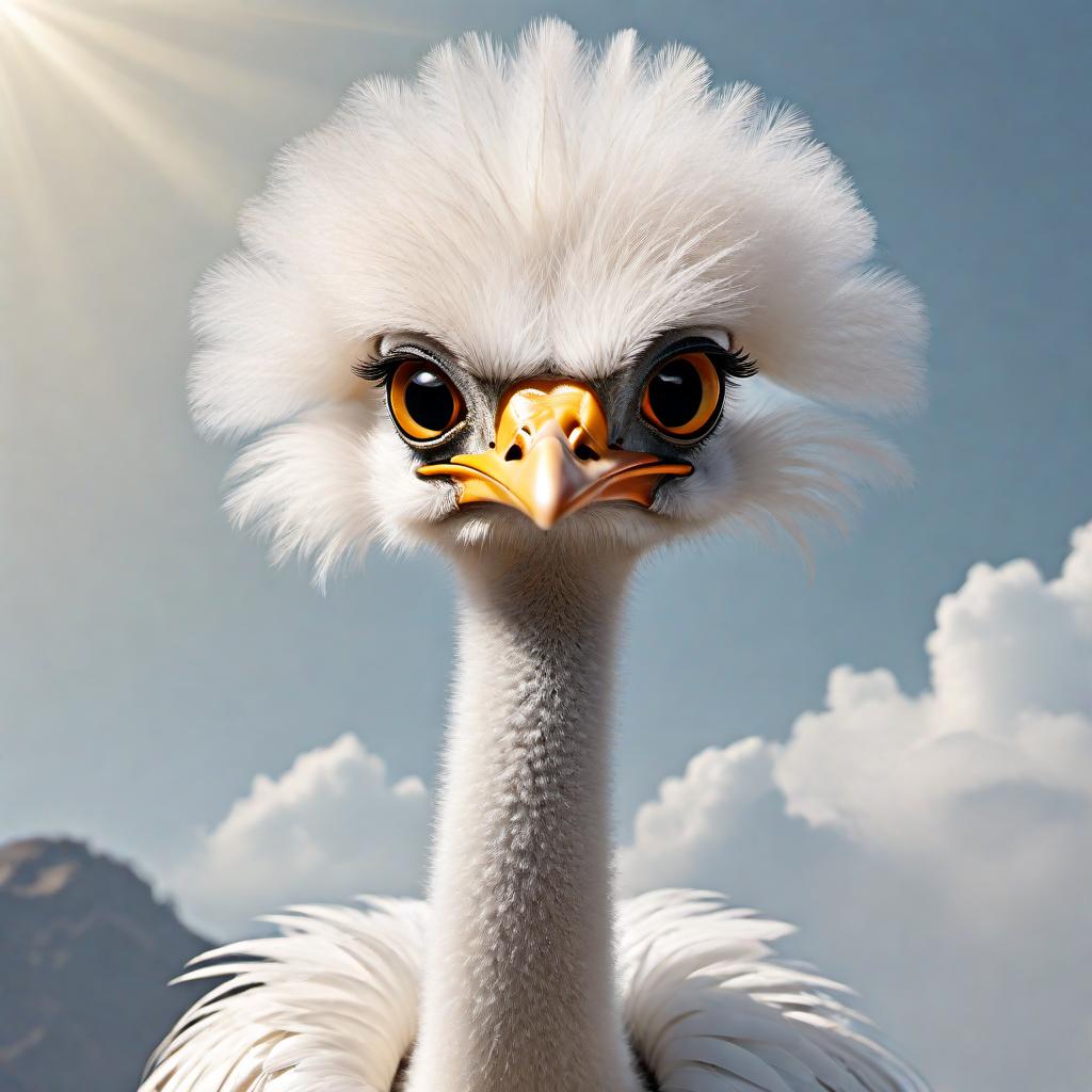  Transform the character in the image into an ostrich-inspired design. Elongate the face and chin into a V-shape, slant the eyes, and color the pupils yellow. The beak should also be yellow with corresponding highlights in the hair and on the face. The skin must be white. The hair should be styled into a big, luscious afro resembling a hat, while also having long white strands flowing from beneath it. Decorate with white and clear gems strategically placed to emphasize the features. Finally, add a bright silver nose ring for a striking touch. hyperrealistic, full body, detailed clothing, highly detailed, cinematic lighting, stunningly beautiful, intricate, sharp focus, f/1. 8, 85mm, (centered image composition), (professionally color graded), ((bright soft diffused light)), volumetric fog, trending on instagram, trending on tumblr, HDR 4K, 8K