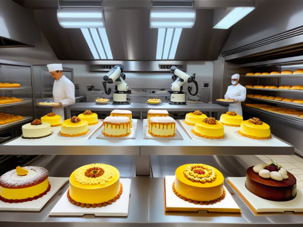  A photorealistic image of a modern bakery kitchen bustling with activity, showcasing a team of advanced robots seamlessly working alongside human bakers. The robots are precisely icing cakes, piping intricate designs, and delicately decorating pastries, while the human bakers supervise and finetune the process. The scene conveys a harmonious blend of technology and tradition in the art of pastrymaking, with sleek robotic arms and gleaming stainless steel equipment contrasting against the warm, inviting aesthetics of a traditional bakery setting. hyperrealistic, full body, detailed clothing, highly detailed, cinematic lighting, stunningly beautiful, intricate, sharp focus, f/1. 8, 85mm, (centered image composition), (professionally color graded), ((bright soft diffused light)), volumetric fog, trending on instagram, trending on tumblr, HDR 4K, 8K