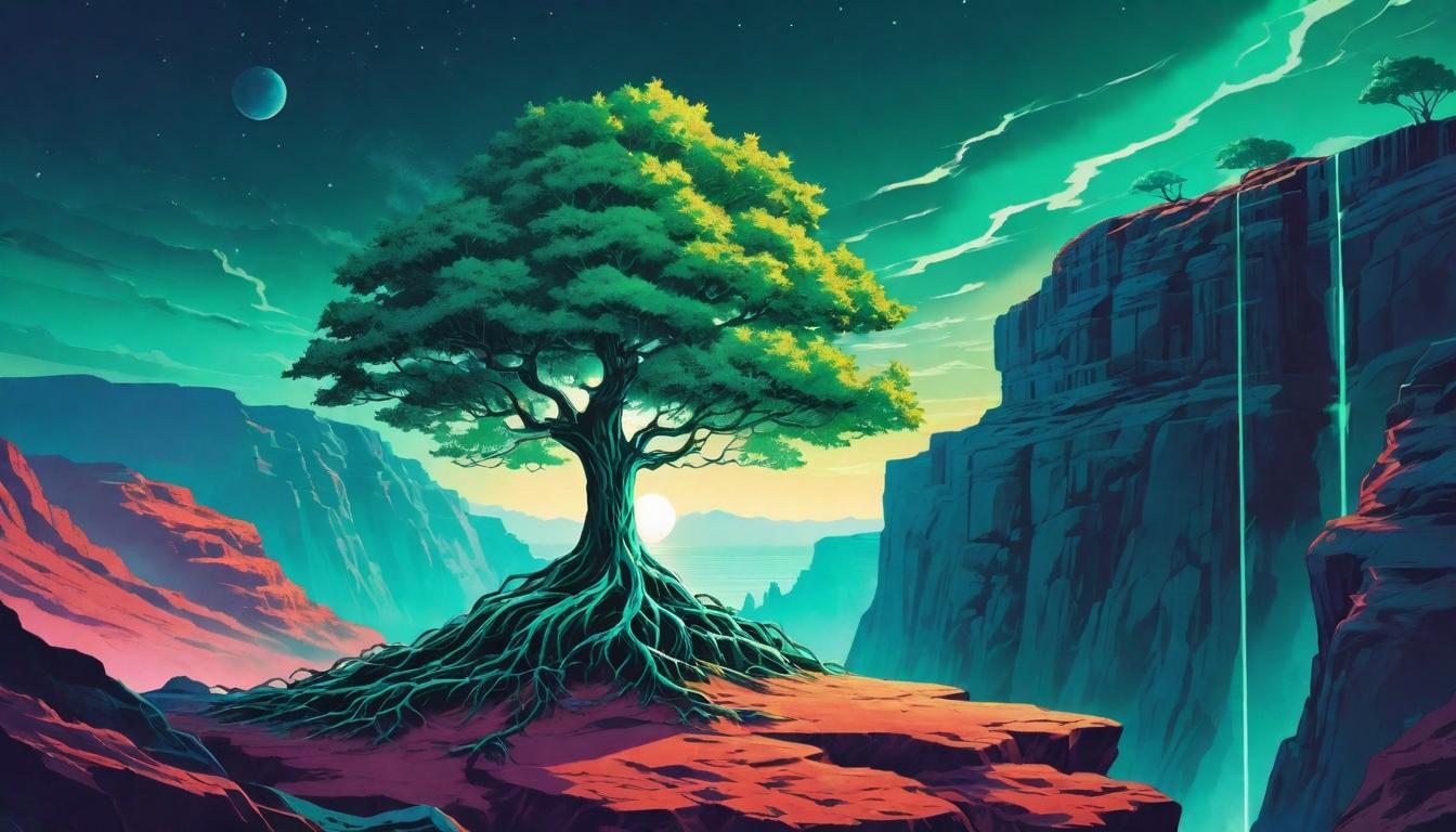  retro futuristic Tree with deep roots growing on the edge of a cliff, thriving in harsh conditions, symbol of resilience, perseverance, emerald leaves against twilight lvintage sci fi, 50s and 60s style, atomic age, vibrant, highly detailed