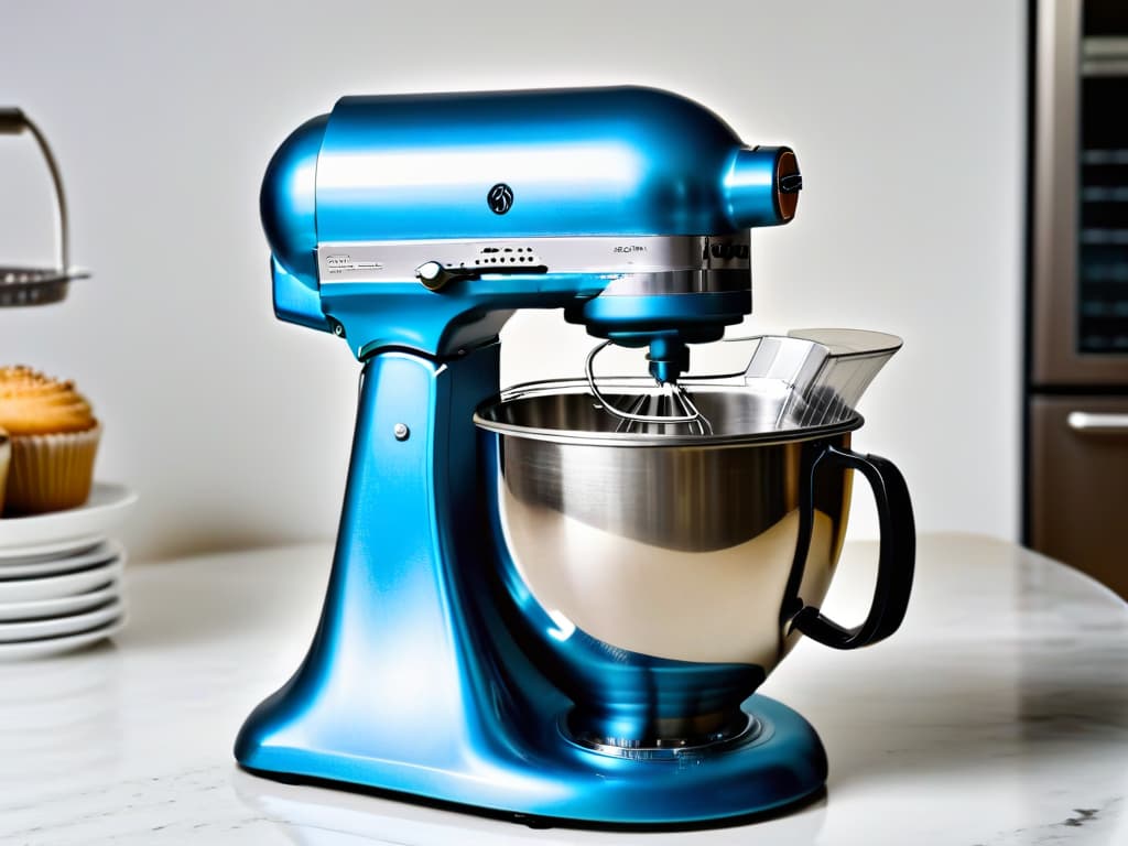  A closeup, ultradetailed image of a sleek, stateoftheart stand mixer in a luxurious kitchen setting. The mixer is a shining chrome with smooth lines, prominently displaying the logo of a toptier highend baking equipment brand. The background is a softfocus, showcasing a stylish marble countertop with subtle hints of other highquality baking tools strategically placed around the mixer, creating an elegant and aspirational scene for the readers. hyperrealistic, full body, detailed clothing, highly detailed, cinematic lighting, stunningly beautiful, intricate, sharp focus, f/1. 8, 85mm, (centered image composition), (professionally color graded), ((bright soft diffused light)), volumetric fog, trending on instagram, trending on tumblr, HDR 4K, 8K