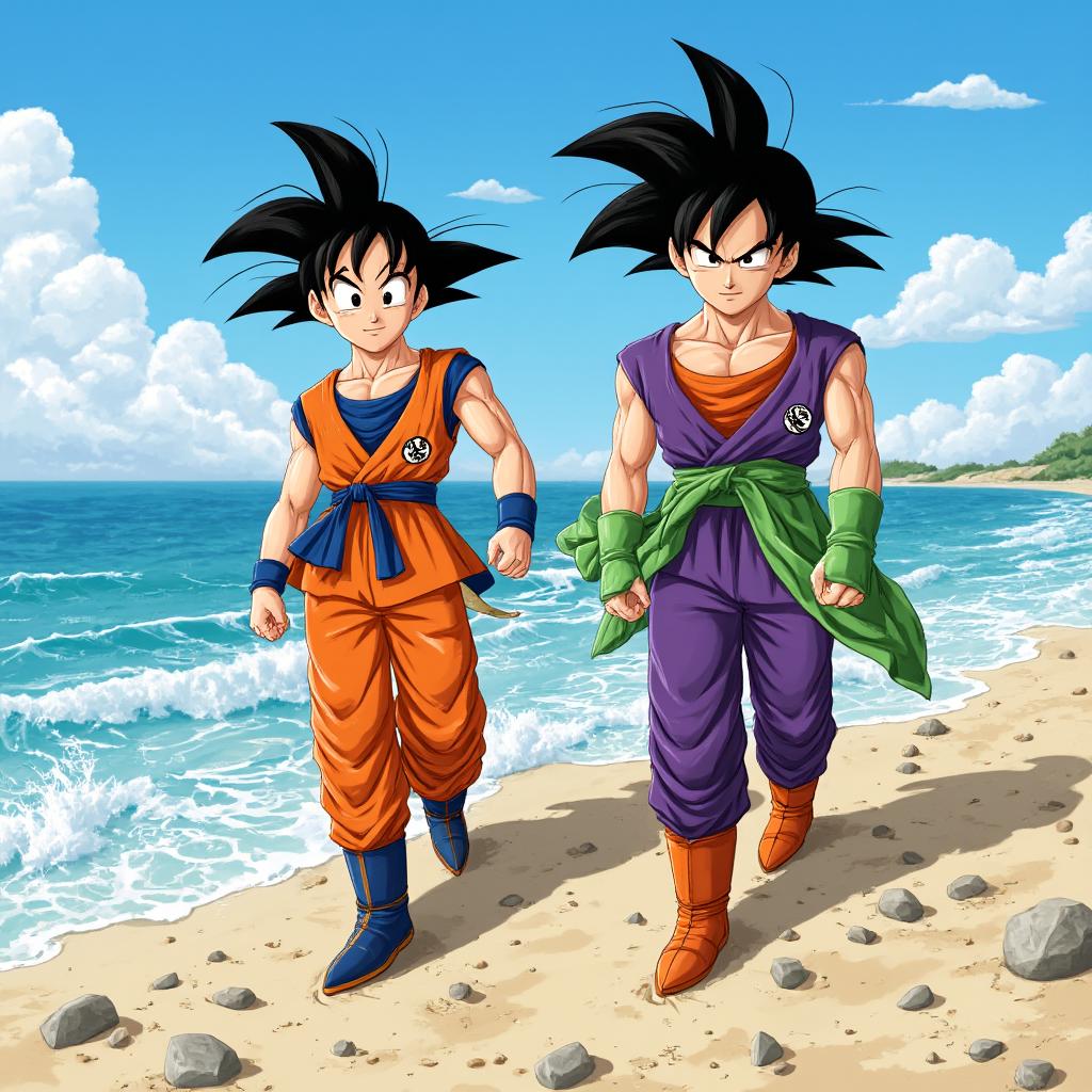  anime style, a goku and vegeta, walking on beach