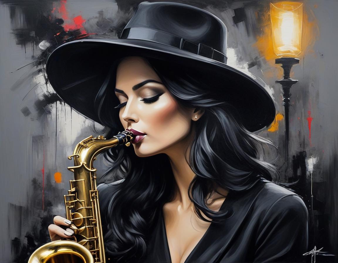  abstract expressionist painting An exquisite depiction of woman in a black hat playing the saxophone, with Louis Jover and Drew Darcy inspired style. The artwork is highly detailed, elegant, and intricate, featuring dynamic lighting and imperial colors. It is a stunning piece with a surreal and ultra realistic touch, created using oil on canvas with a focus on sharp details . energetic brushwork, bold colors, abstract forms, expressive, emotional hyperrealistic, full body, detailed clothing, highly detailed, cinematic lighting, stunningly beautiful, intricate, sharp focus, f/1. 8, 85mm, (centered image composition), (professionally color graded), ((bright soft diffused light)), volumetric fog, trending on instagram, trending on tumblr, HDR 4K, 8K