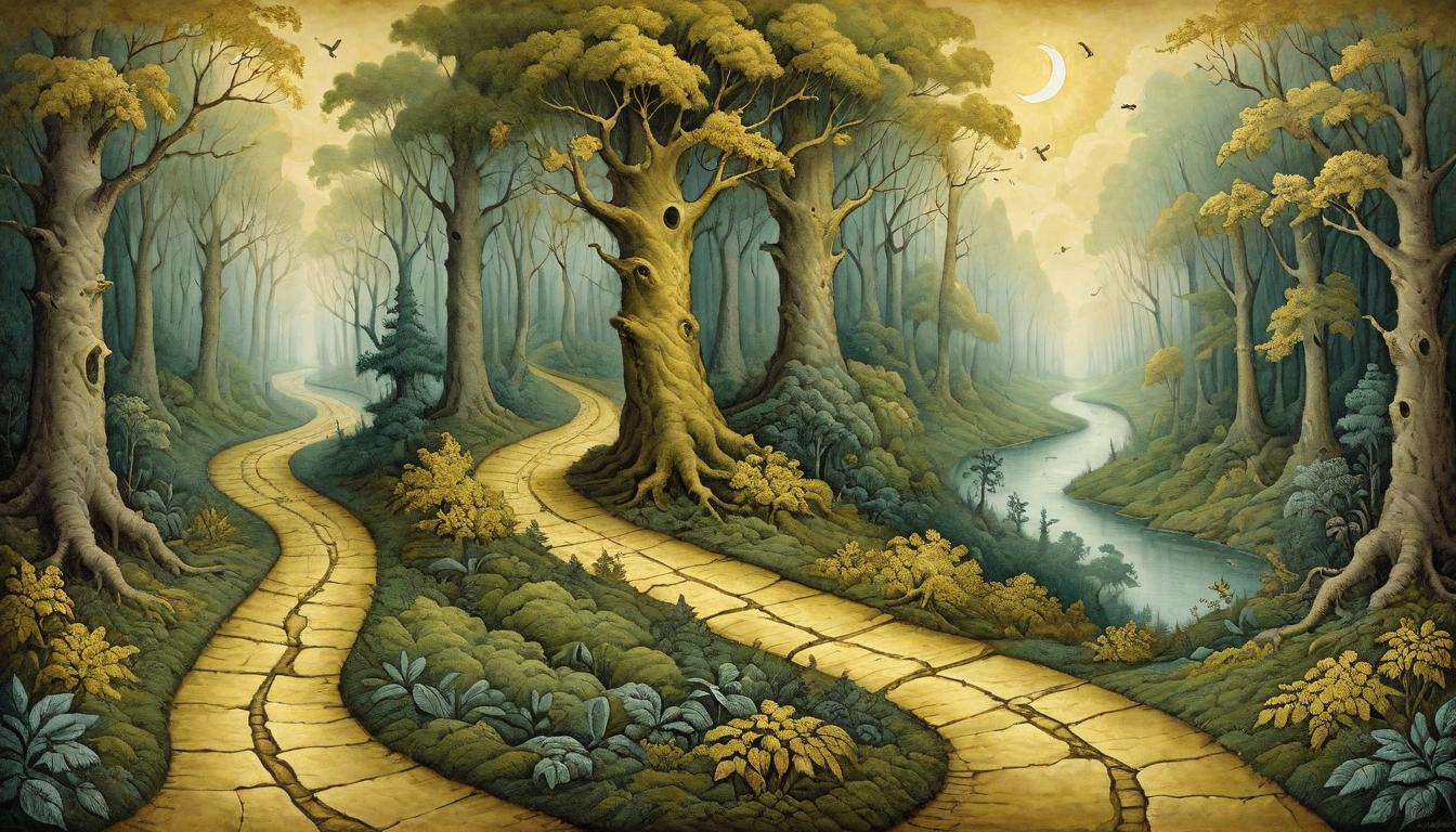  on parchment, surrealism+++, Two roads diverging in a lush, enveloping forest, one paved with gold leaves representing true values, the other barren, choice and divergence(mysterious, provocative, symbolic,muted color)+++