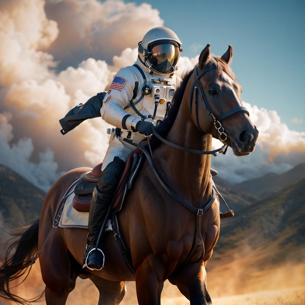  A photograph of an astronaut riding a horse hyperrealistic, full body, detailed clothing, highly detailed, cinematic lighting, stunningly beautiful, intricate, sharp focus, f/1. 8, 85mm, (centered image composition), (professionally color graded), ((bright soft diffused light)), volumetric fog, trending on instagram, trending on tumblr, HDR 4K, 8K