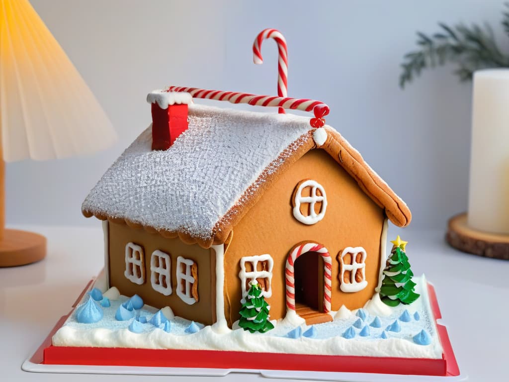  A closeup, ultradetailed image of a perfectly glazed and decorated gingerbread house with intricate icing details, surrounded by a dusting of powdered sugar to create a winter wonderland effect. The gingerbread house features miniature candy cane pillars, gumdrop roof tiles, and delicate royal icing snowflakes for a visually stunning and festive holiday dessert inspiration. hyperrealistic, full body, detailed clothing, highly detailed, cinematic lighting, stunningly beautiful, intricate, sharp focus, f/1. 8, 85mm, (centered image composition), (professionally color graded), ((bright soft diffused light)), volumetric fog, trending on instagram, trending on tumblr, HDR 4K, 8K