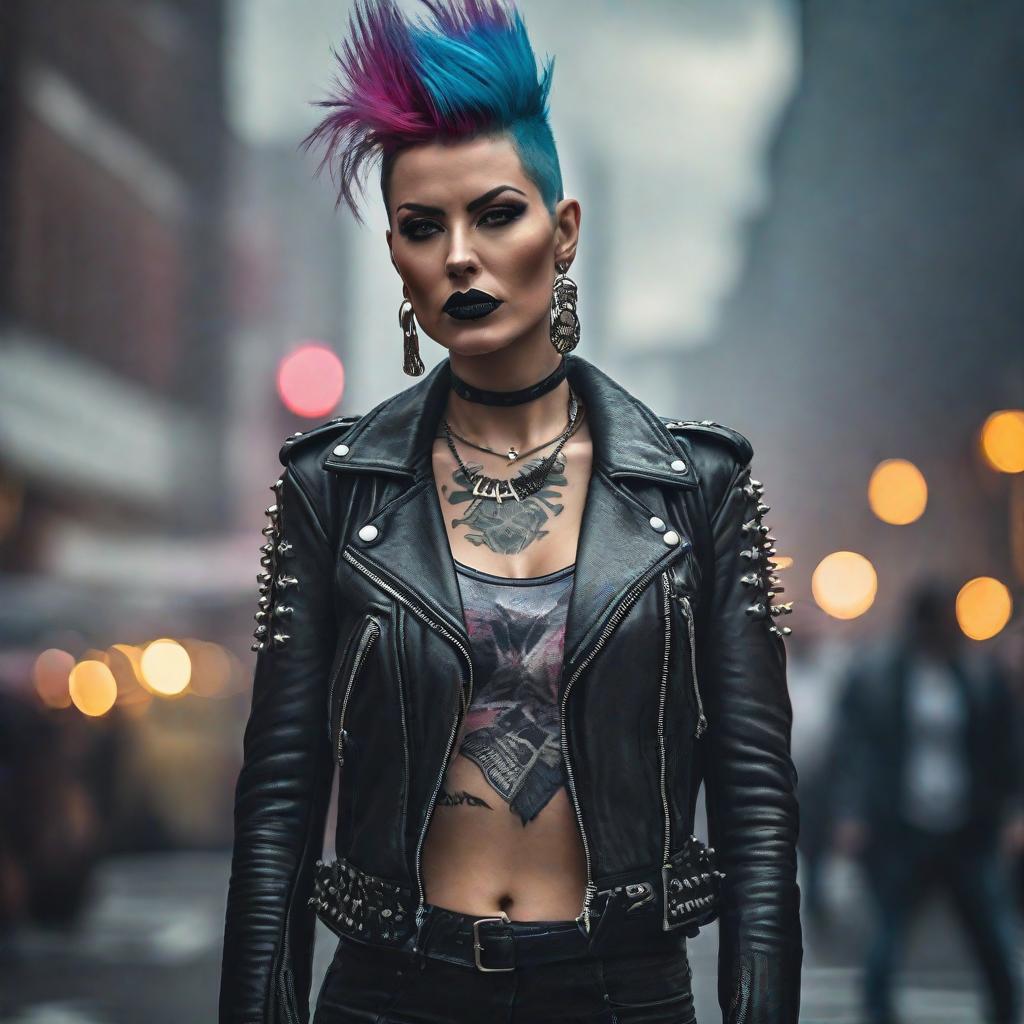  punk woman, photographic hyperrealistic, full body, detailed clothing, highly detailed, cinematic lighting, stunningly beautiful, intricate, sharp focus, f/1. 8, 85mm, (centered image composition), (professionally color graded), ((bright soft diffused light)), volumetric fog, trending on instagram, trending on tumblr, HDR 4K, 8K