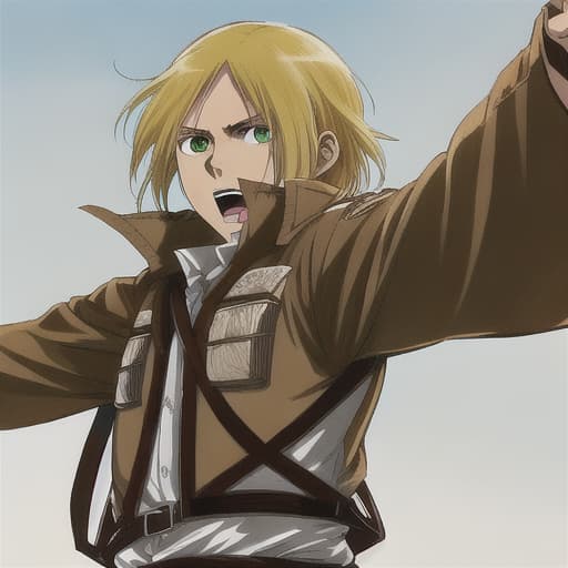 an anime character with blond hair, green eyes, in the style of attack on titan