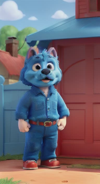  {Max the big blue dog standing in front of a cozy little house with a red door, The big blue dog is large with sky blue fur, big round eyes, a black nose, and floppy ears.