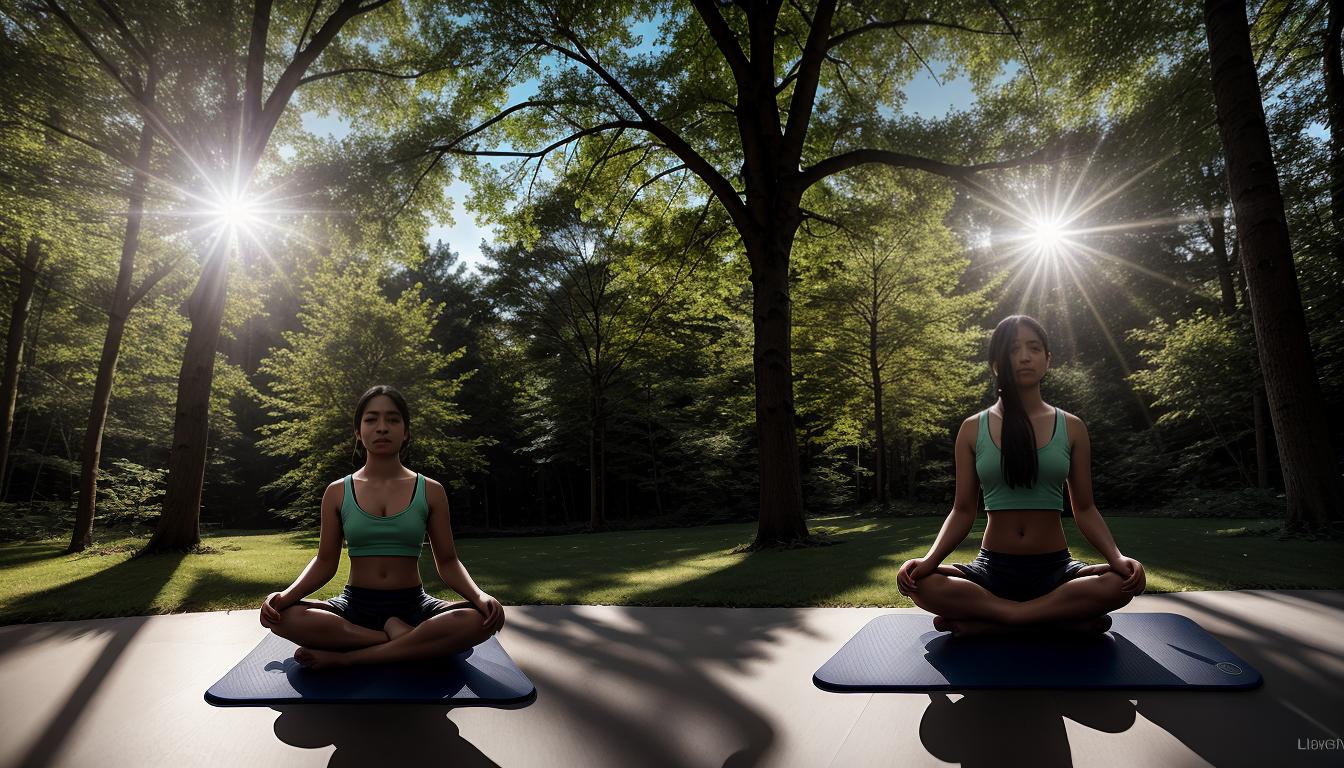  cinematic, aesthetic, Person seated in a lotus position on a mat, calm expression, surrounding elements of nature, sunlight filtering through trees, tranquility, 4k, HDR, lens flare