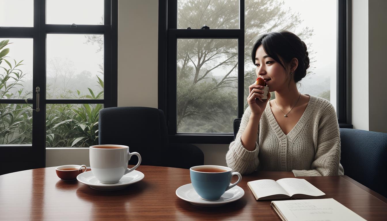  digital illustration, A person enjoying a cup of tea with a peaceful background, relaxation, self care, rejuvenation, looking at viewer, dynamic pose, (intricate details, masterpiece, best quality)