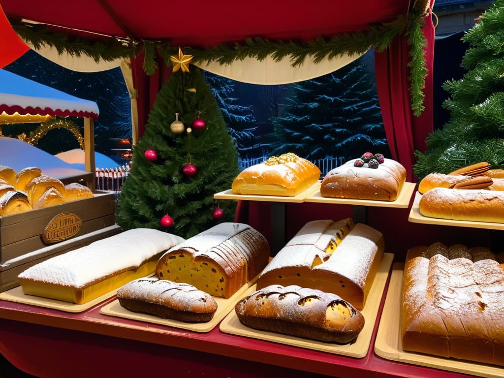  A highresolution, ultradetailed image of a traditional German Christmas market stall adorned with festive decorations, showcasing an array of freshly baked Stollen loaves dusted with powdered sugar and studded with vibrant dried fruits and nuts. The scene captures the essence of a bustling holiday market, with soft ambient lighting casting a warm glow over the rustic wooden stalls and creating a cozy, inviting atmosphere. The focus is on the intricate textures and rich colors of the Stollen loaves, highlighting their deliciously indulgent appeal and traditional craftsmanship. hyperrealistic, full body, detailed clothing, highly detailed, cinematic lighting, stunningly beautiful, intricate, sharp focus, f/1. 8, 85mm, (centered image composition), (professionally color graded), ((bright soft diffused light)), volumetric fog, trending on instagram, trending on tumblr, HDR 4K, 8K