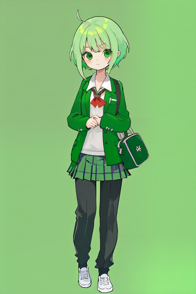  One way green hair character, the background is a school city