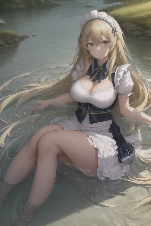  (score 9,score 8 up,score 7 up,),1girl,solo,maid,maid headdress,looking at viewer,outdoor,lake,apron,blonde hair,indoors,green eyes,bare foot,two feet in the water hyperrealistic, full body, detailed clothing, highly detailed, cinematic lighting, stunningly beautiful, intricate, sharp focus, f/1. 8, 85mm, (centered image composition), (professionally color graded), ((bright soft diffused light)), volumetric fog, trending on instagram, trending on tumblr, HDR 4K, 8K