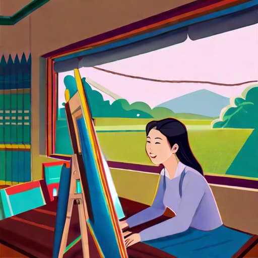  "Describe an image that depicts a peaceful scene in a small village where the main characters, Sooyeon and In-chae, are happily engaging in their routine life. They are found at the art hall, which is the main setting of their interactions. The art hall is a bright and cheerful space filled with various art supplies. In the center of the room stands a wooden easel, warmly lit by the soft daylight seeping through the window. On the easel, Sooyeon and In-chae are working on a large canvas together, energetically filling it with vivid colors. Their faces are filled with concentration and joy, showing their sincere love for art. A notable object in the room is Sooyeon's colored pencils which are neatly arranged on a nearby table. In-chae is s hyperrealistic, full body, detailed clothing, highly detailed, cinematic lighting, stunningly beautiful, intricate, sharp focus, f/1. 8, 85mm, (centered image composition), (professionally color graded), ((bright soft diffused light)), volumetric fog, trending on instagram, trending on tumblr, HDR 4K, 8K