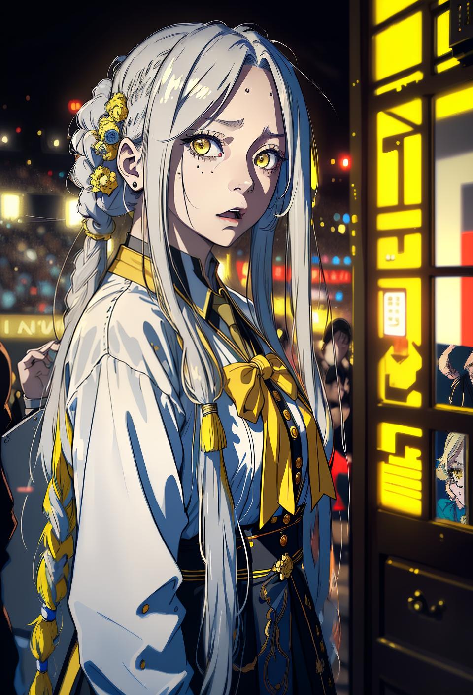  ((trending, highres, masterpiece, cinematic shot)), 1girl, mature, female aristocrat, large, concert scene, long straight yellow hair, dreadlocks, narrow yellow eyes, personality, scared expression, grey skin, lively, energetic