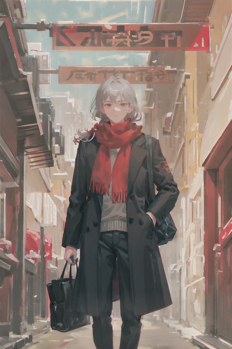  master piece , best quality,Gray hair, male, red scarf, long black coat, adventurer