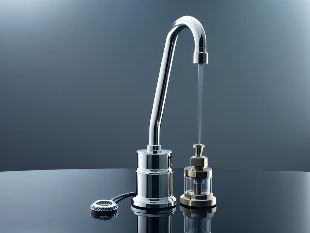  A closeup, ultradetailed image of a sleek, modern siphon device with a glossy silver finish, showing intricate details of the nozzle and pressure valve. The lighting captures every reflection and shadow, emphasizing the precision engineering of the tool. hyperrealistic, full body, detailed clothing, highly detailed, cinematic lighting, stunningly beautiful, intricate, sharp focus, f/1. 8, 85mm, (centered image composition), (professionally color graded), ((bright soft diffused light)), volumetric fog, trending on instagram, trending on tumblr, HDR 4K, 8K