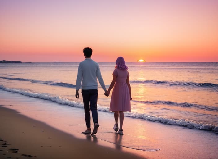  A couple held hands and walked along the quiet beaches, and their footprints remained on the soft beaches in the sunset. The sky is coloured by orange, pink and purple colours, and their feet are softly hit by calm waves. They are surrounded by the peace of the sea and by the beauty of the sunset