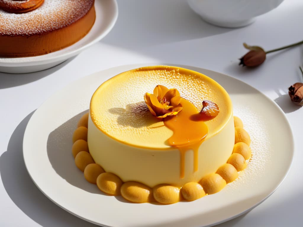  An 8k ultradetailed image of delicate saffron threads gently sprinkled on top of a rich, goldenhued flan. The dessert is elegantly presented on a simple, white ceramic plate, showcasing the contrast between the vibrant saffron strands and the creamy custard. The texture of the flan appears velvety smooth, with a slight jiggle as if freshly set. The saffron threads glisten under a soft, natural light, emphasizing their precious and aromatic quality. This minimalist composition highlights the beauty and sophistication of incorporating saffron into sweet treats, making it a visually captivating addition to the article on using saffron in baking. hyperrealistic, full body, detailed clothing, highly detailed, cinematic lighting, stunningly beautiful, intricate, sharp focus, f/1. 8, 85mm, (centered image composition), (professionally color graded), ((bright soft diffused light)), volumetric fog, trending on instagram, trending on tumblr, HDR 4K, 8K