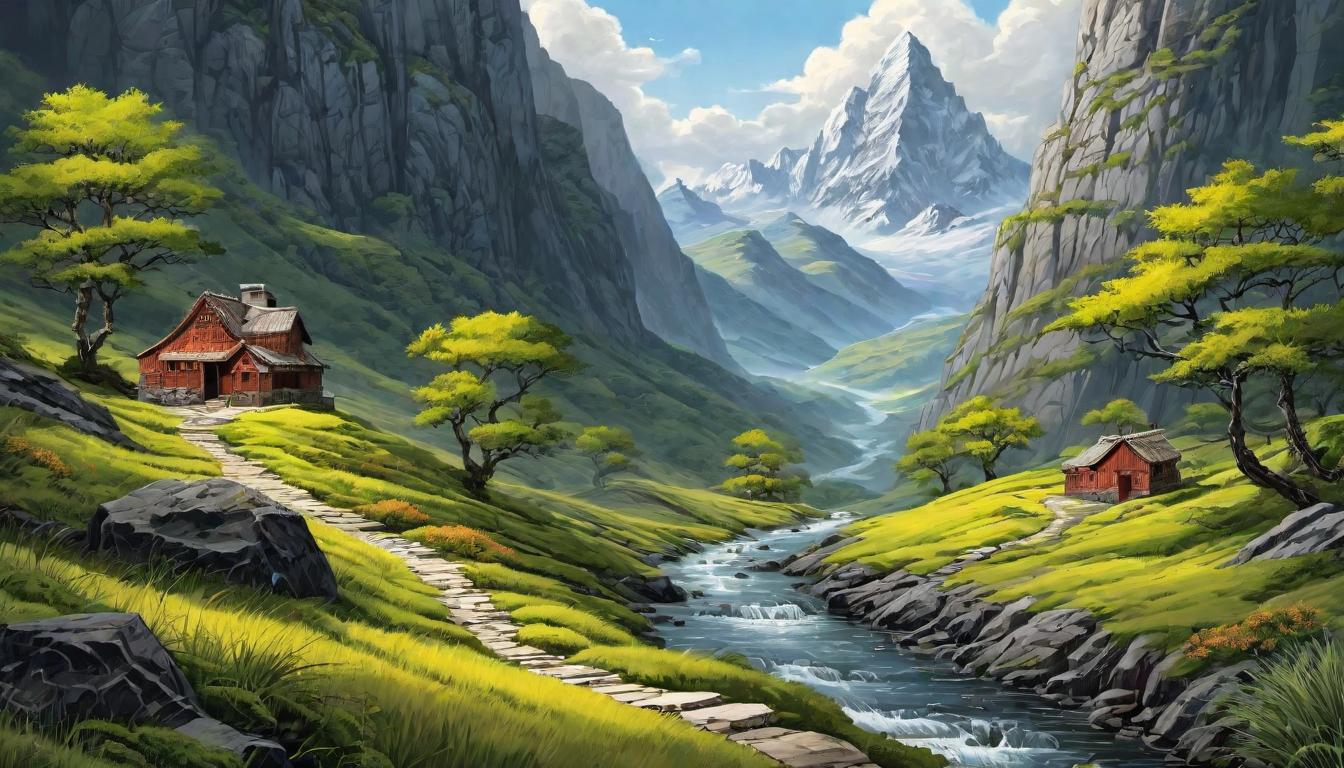  digital illustration, A rugged path winding through mountains, occasional thorns alongside, representing life's challenges, perseverance, a journey of resilience., looking at viewer, dynamic pose, (intricate details, masterpiece, best quality)