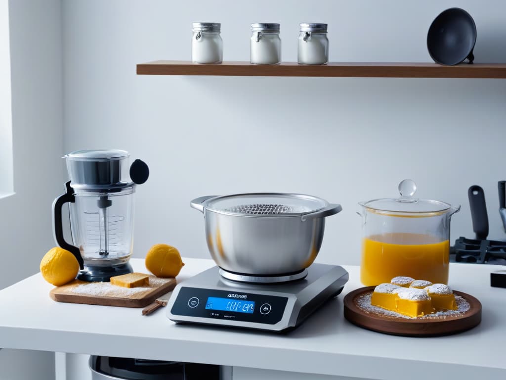  A sleek, minimalistic image showcasing a pristine white kitchen countertop with an array of innovative baking gadgets neatly arranged: a digital kitchen scale, an advanced stand mixer, a precision piping bag set, a set of highquality silicone molds, and a sleek digital oven thermometer. The gadgets gleam under soft, natural lighting, creating a modern and professional atmosphere fit for a toptier pastry chef's workspace. hyperrealistic, full body, detailed clothing, highly detailed, cinematic lighting, stunningly beautiful, intricate, sharp focus, f/1. 8, 85mm, (centered image composition), (professionally color graded), ((bright soft diffused light)), volumetric fog, trending on instagram, trending on tumblr, HDR 4K, 8K