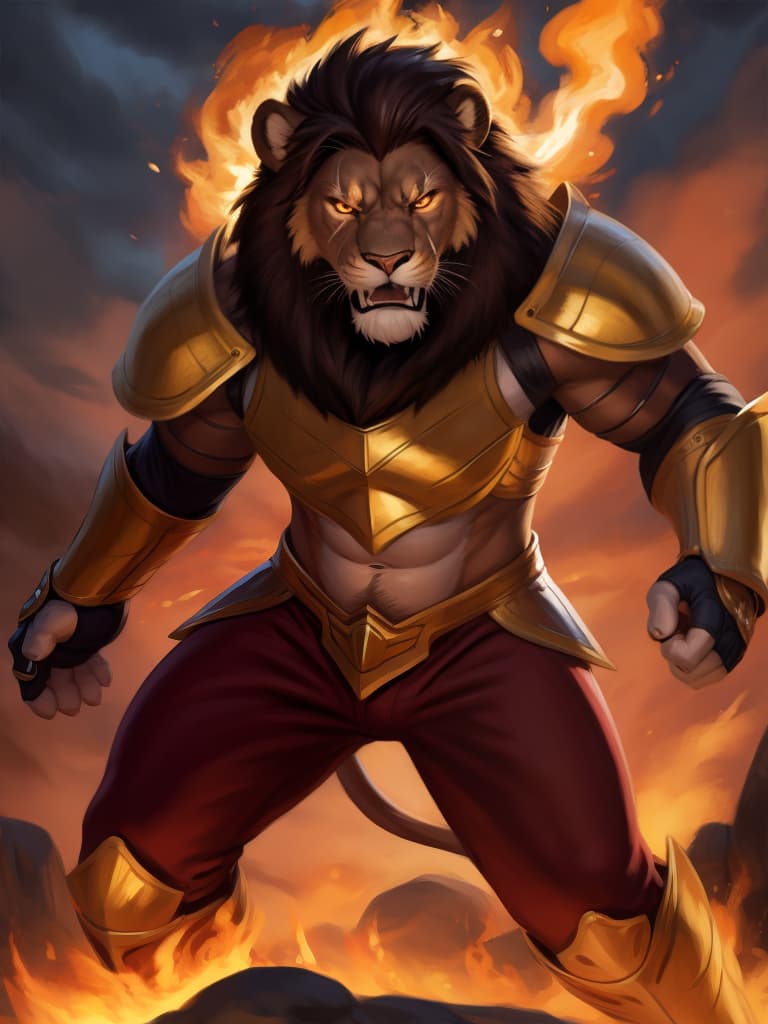  By chunie, by Meesh, portrait, full body, detailed pupils, glowing eyes:2, full view, photorealistic, solo, anthro, male, lion, scar on face, a lions fighting in a battlefield, holds a golden weapon, fighting, roaring, angry face:2, serious face:2, rage, zoom in on face, enraged:2, glowing red and gold armor:2, surrounded by glowing flames, fireland, glowing fire in background, ultra detailed glowing flame, ultra detailed red and gold armor, sfw, thick body, muscular body, stare at the camera, open eyes, digital art, masterpiece, 4k, fine details,