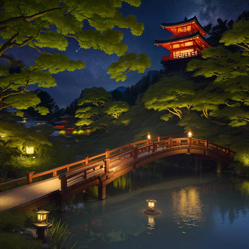  masterpiece, best quality, (Fidelity: 1.4), Best Quality, Masterpiece, Ultra High Resolution, 8k resolution, A night view inspired by Japanese art, featuring a garden illuminated by paper lanterns and a wooden bridge spanning a tranquil lake, by the lakeside, there is a small Zen temple. The water reflects the starry sky.