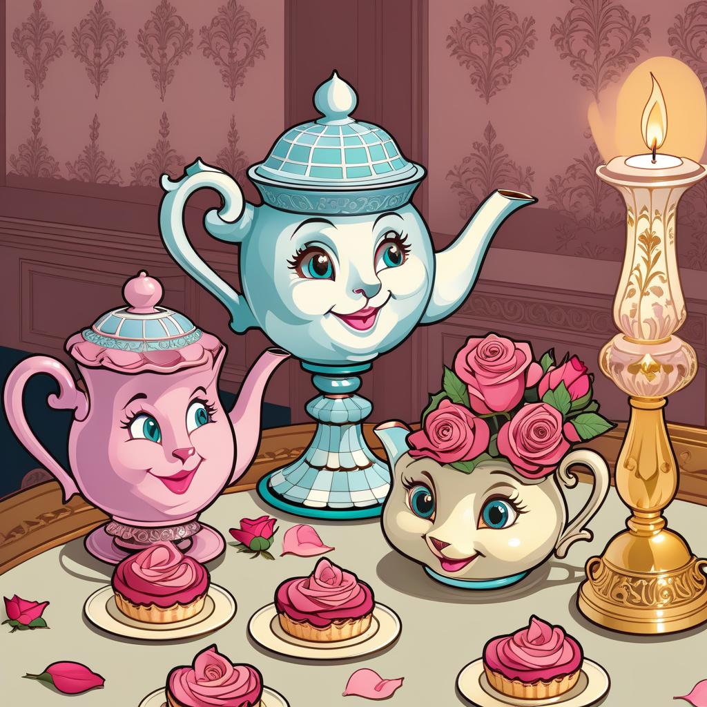  fairy tale (Background:interior). (Wallpaper):dark chocolate colour with beige monogram patterns. An antique dining table covered with a white tablecloth. On the table a gilded candlestick with a burning candle, two teapots and one cup with tea roses, plates with sponge cakes with raspberry cream. Rose petals are scattered around the set. (Tea set design): the first teapot on a high openwork leg of mint and turquoise colour, with a kind smile and blue eyes, with a blue blue wide checkerboard lid. The second teapot is pink in colour, with mother of pearl, blue eyes, with a blue pink checkered lid. (Rose cup): cream coloured with big brown eyes and a wide smile. Inside it is a bouquet of scarlet coloured tea roses. Style:anthropomorphic, fant hyperrealistic, full body, detailed clothing, highly detailed, cinematic lighting, stunningly beautiful, intricate, sharp focus, f/1. 8, 85mm, (centered image composition), (professionally color graded), ((bright soft diffused light)), volumetric fog, trending on instagram, trending on tumblr, HDR 4K, 8K