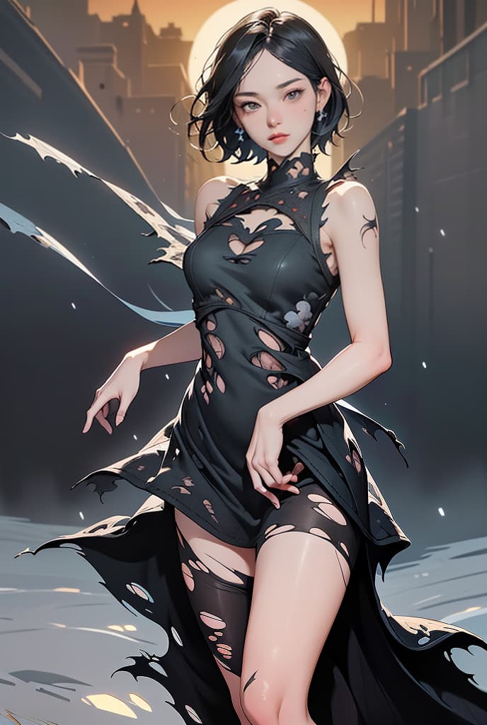  black lace (dress torn:2), 1 Russia , slim body, best anatomy, ocean eyes, (cut short hair:1.5) , small , back dress open, dress torn, tabi shoes, holster thigh heavy snow falling in foreground, windy, chaos snow falling messy background, sci-fi background, rotated, moved background, sci-fi movie, evening, low light, complex composition, evening sunset fighting, dynamic action shot, holding short weapons, action movie pose zentangle, mandala, tangle, entangle, vivid color by james jean, roby dwi antono, ross tran, francis bacon, michal mraz, adrian ghenie, petra cortright, gerhard richter, takato yamamoto, sci-fi atmosphere, gold light and shadow on face, ADVERTISING PHOTO,high quality, good proportion, maste