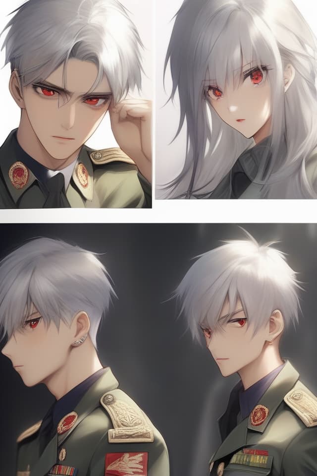  Silver hair, red eyes color, military uniform, sharp eyes, tall, (only on the upper body), (only upper body), (short hair), (super beautiful young man), (close up), (glaring), (with sharp eyes)