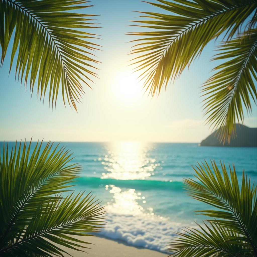  good quality, high quality, palm leaves highlighted by sunshine over ocean horizon