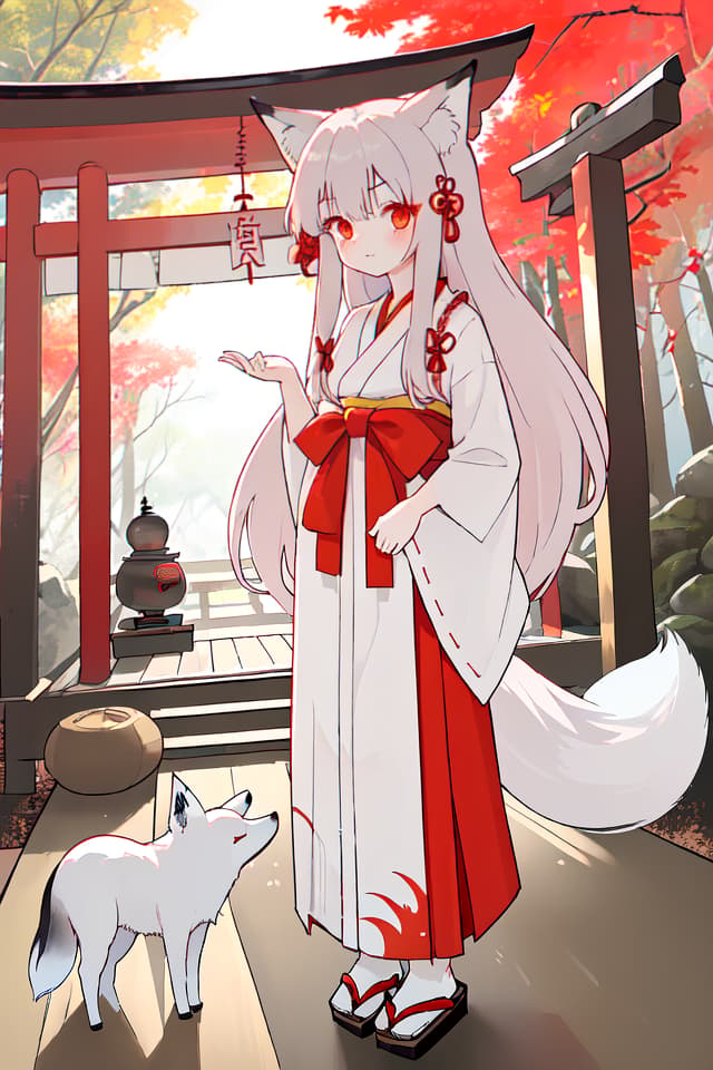  A , wearing a long hem hakama, , long hair, fox shrine maiden