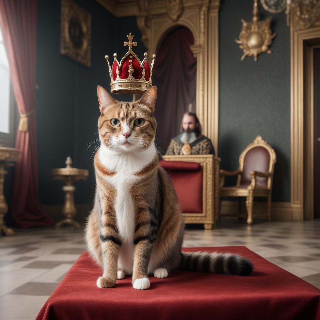  (A person with a package of animal food is standing in the center of a room) + (A cat is sitting on the head of a king's crown on a throne), photo quality, 8K.