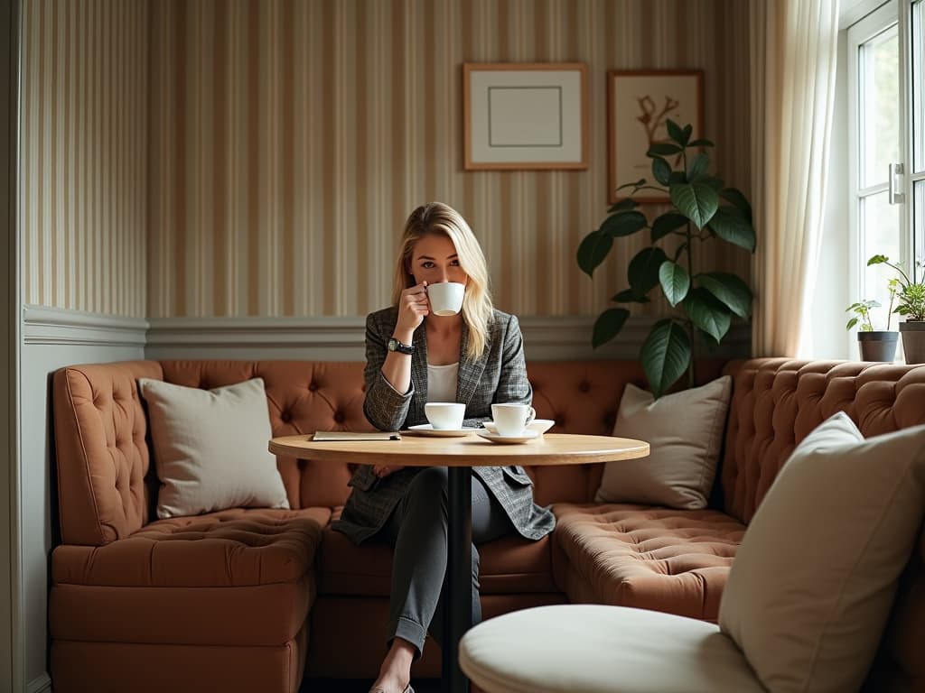  in this unedited 8k photograph styled by anson smart, a 30 nordic looking woman with blonde hair exudes elegance in her scandinavian style breakfast nook. she's dressed in a tailored suit with bold patterns, complemented by fashionable gles and polished dress shoes. the cozy area radiates simplicity and functionality, highlighted by muted tones and warm inviting colors. the image captures her drinking coffee, surrounded by dense, stylish furnishings against walls with a traditional peruvian striped pattern. the photo, taken with a polaroid sx70 and a 35mm f2 wide angle lens, utilizes chiaroscuro lighting and kodak ektachrome film grain to enhance the hyperrealistic, photorealistic quality. the white color (rgb 255, 255,