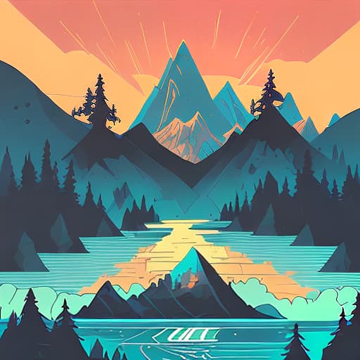 nvinkpunk Whimsical mountains with trees, water, and camping