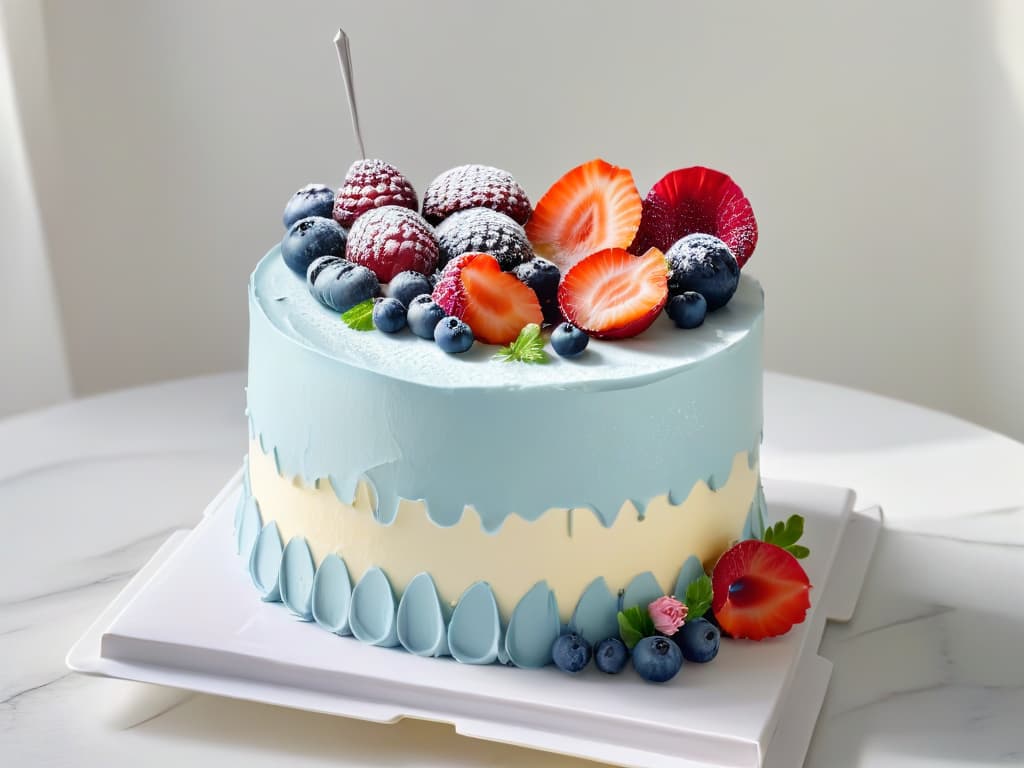  A closeup, highresolution image of a perfectly frosted, multilayered cake with vibrant layers of different flavored fillings visible through the sliced section of the cake. The cake is elegantly decorated with minimalistic floral accents in pastel colors, sitting on a sleek, white marble cake stand. The focus is on the intricate details of the cake's layers and decorations, highlighting the artistry and skill involved in creating harmonious flavor combinations in pastry. hyperrealistic, full body, detailed clothing, highly detailed, cinematic lighting, stunningly beautiful, intricate, sharp focus, f/1. 8, 85mm, (centered image composition), (professionally color graded), ((bright soft diffused light)), volumetric fog, trending on instagram, trending on tumblr, HDR 4K, 8K