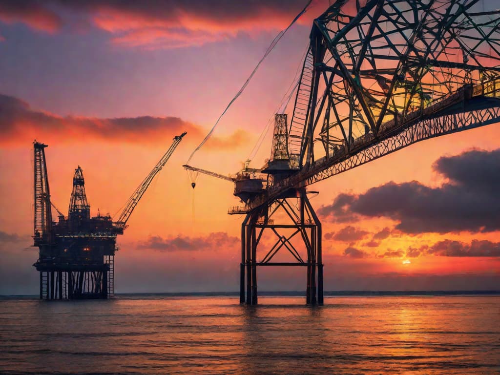  A sleek, high-tech oil rig stands against a vivid sunset, with dynamic lines and graphs overlaying the image, symbolizing financial growth and investment opportunities in the energy sector. digital art, ilustration, no flares, clean hyperrealistic, full body, detailed clothing, highly detailed, cinematic lighting, stunningly beautiful, intricate, sharp focus, f/1. 8, 85mm, (centered image composition), (professionally color graded), ((bright soft diffused light)), volumetric fog, trending on instagram, trending on tumblr, HDR 4K, 8K