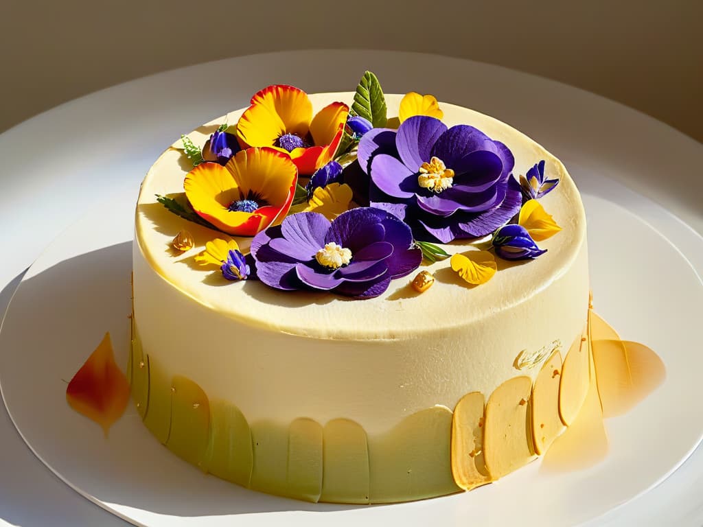  An ultradetailed closeup image of a delicate, intricately designed pastry made with sustainable and innovative techniques. The pastry is adorned with colorful edible flowers and gold leaf accents, showcasing the artistry and creativity in sustainable baking. The lighting is soft, highlighting the textures and details of the dessert, while the background is a subtle gradient that brings focus to the masterpiece. hyperrealistic, full body, detailed clothing, highly detailed, cinematic lighting, stunningly beautiful, intricate, sharp focus, f/1. 8, 85mm, (centered image composition), (professionally color graded), ((bright soft diffused light)), volumetric fog, trending on instagram, trending on tumblr, HDR 4K, 8K