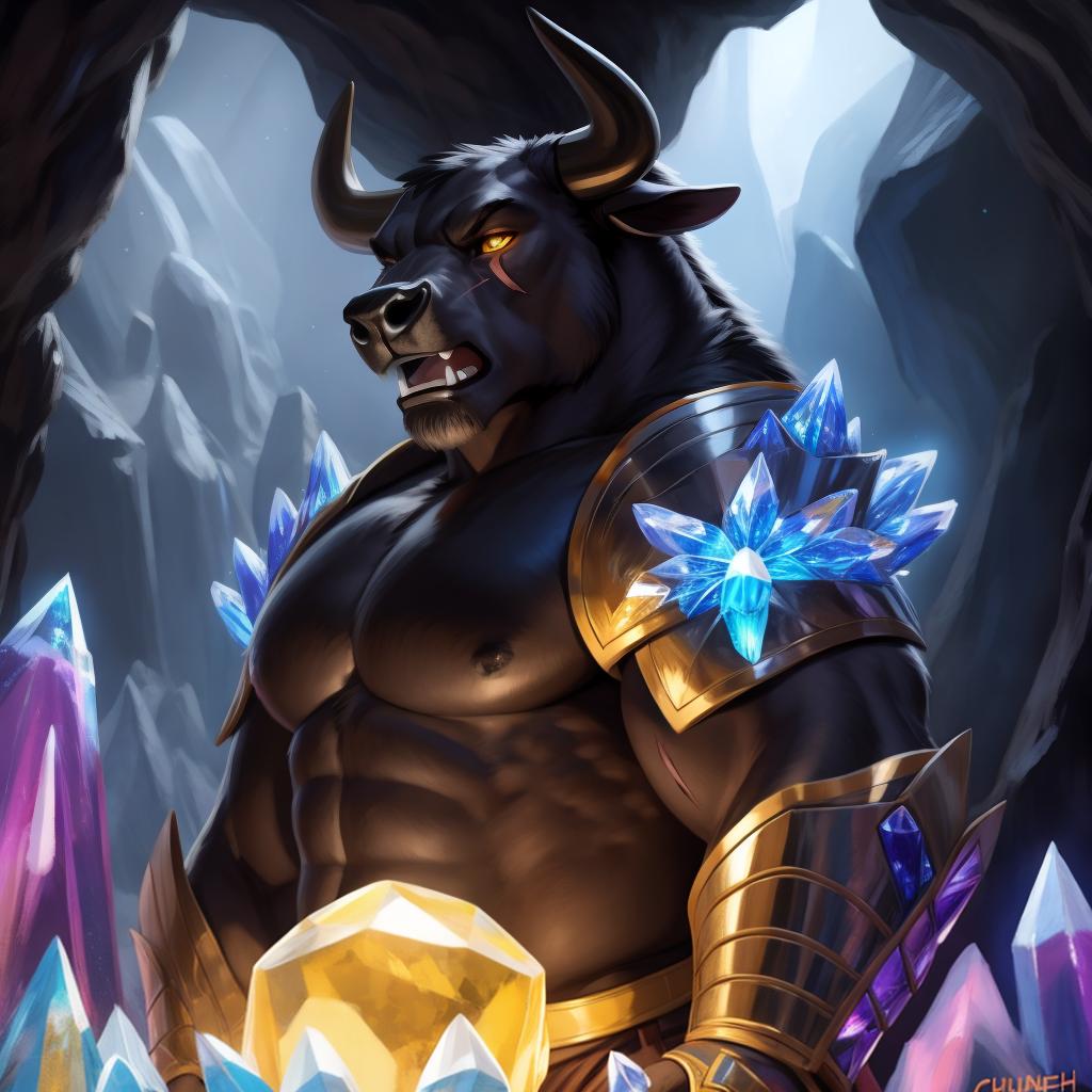  By chunie, by Meesh, 3d, portrait, full view, full body, detailed eyes, glowing eyes:2, sharp detail, masterpiece, crystallized blue horns, photorealistic:2, solo, anthro, male, black bull, scar on face, a black bull meditate in a large crystal cave(golden glowing crystal), casting a huge glowing earth spell:2, fighting, roaring, angry face:2, yelling, serious face:2, rage, enraged:2, sparkling crystal armor:2, surrounded by glowing crystals:2, glowing crystals in background:2, ultra detailed glowing crystals, ultra detailed sparkling crystal armor:2, sfw, thick body, muscular body, stare at the camera, open eyes, digital art, masterpiece, 4k, fine details,