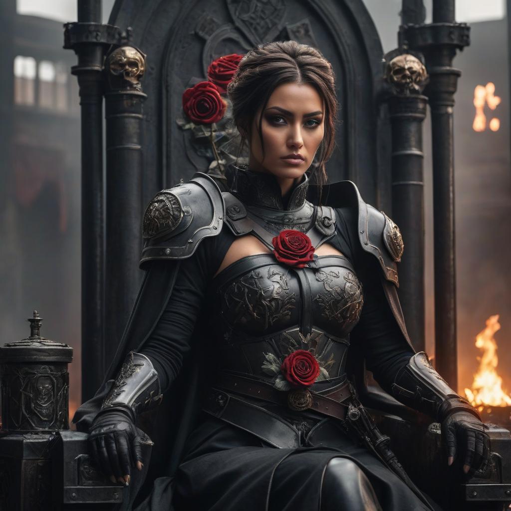  dystopian style A young woman, seated on a throne of steel, wearing imperial robes, has a black sun embroidered on her shoulders. She has a crimson cross tattoo on her right palm. She holds a sceptre in her left hand and a black rose in her right. Two guards stand on either side of her, completely dressed in black armor. They hold spears in their right hands and shields in their left. . bleak, post apocalyptic, somber, dramatic, highly detailed hyperrealistic, full body, detailed clothing, highly detailed, cinematic lighting, stunningly beautiful, intricate, sharp focus, f/1. 8, 85mm, (centered image composition), (professionally color graded), ((bright soft diffused light)), volumetric fog, trending on instagram, trending on tumblr, HDR 4K, 8K